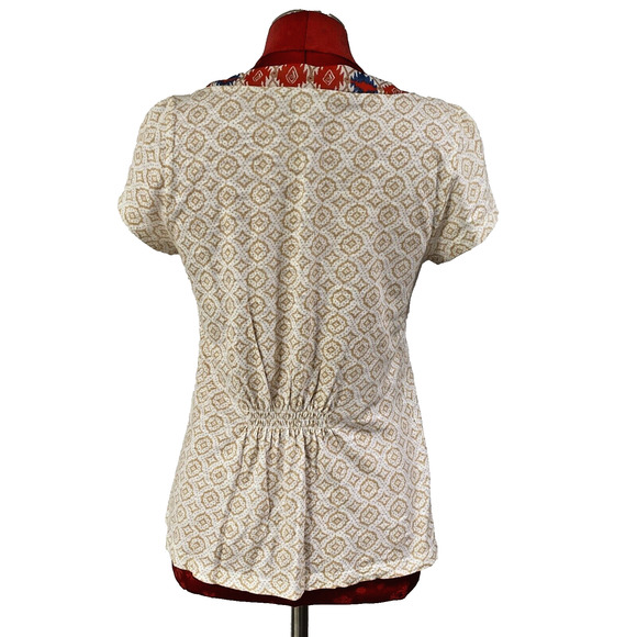 Anthropologie Akemi + Kin Top M Short Sleeve Beige Orange Embroidered Boho Chic - Picture 5 of 11